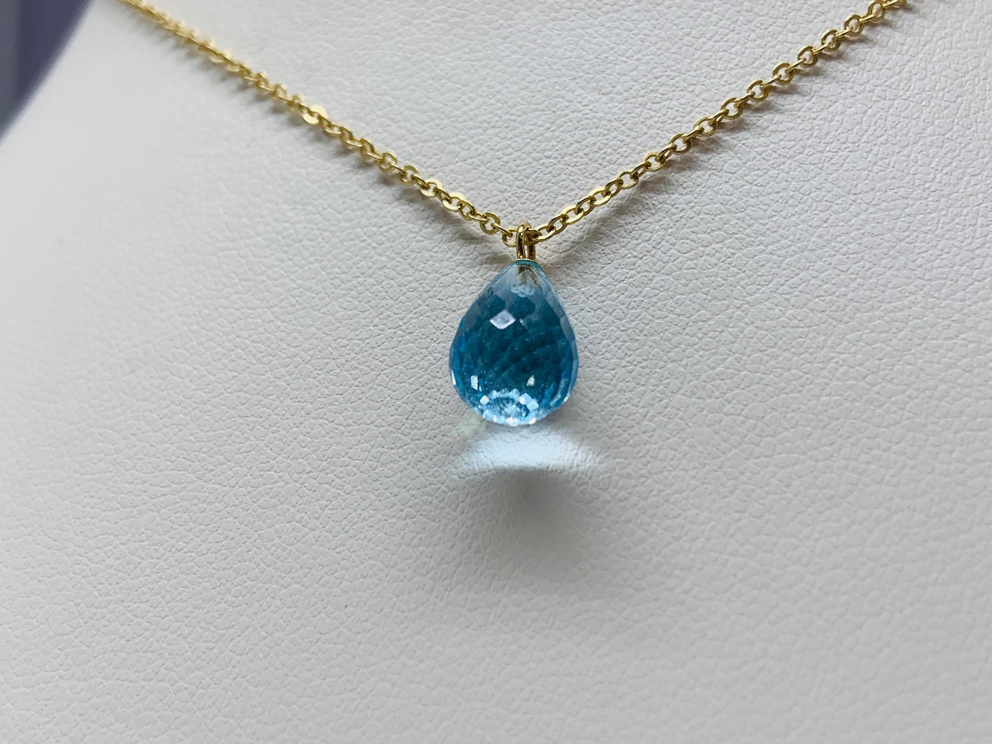 Contemporary Yellow Gold 2 Carat Briolette Cut Blue Topaz Solitaire Necklace