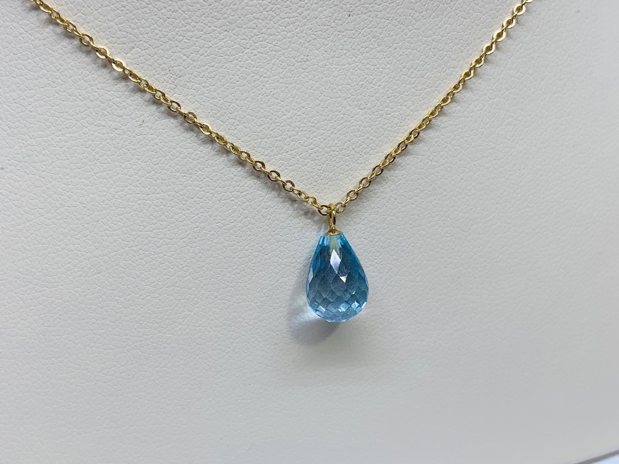 Yellow Gold 2 Carat Briolette Cut Blue Topaz Solitaire Necklace In New Condition In Gainesville , FL