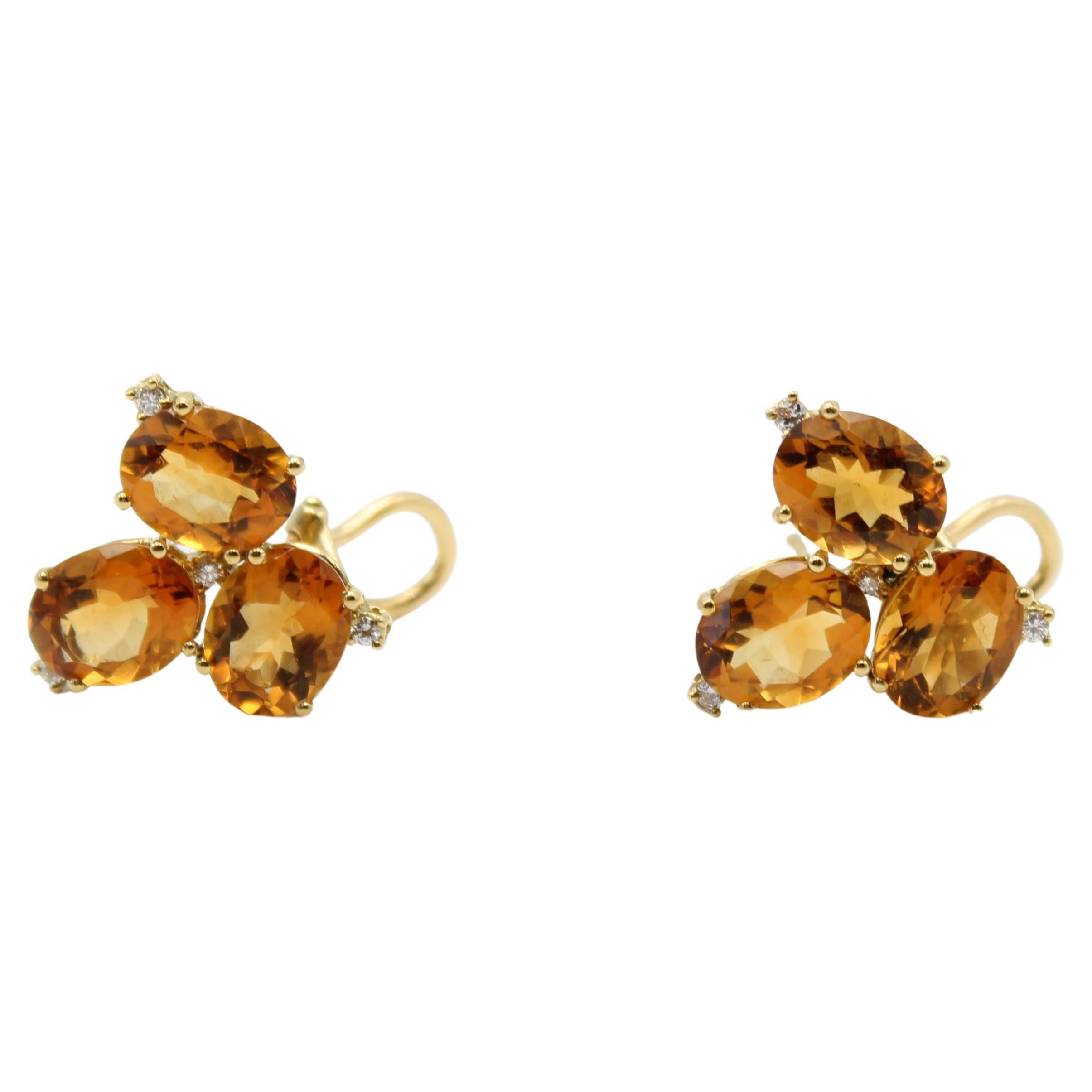 Yellow Gold 22.0 Citrine Diamonds Flower Earrings