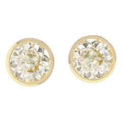 Yellow Gold 2.3 Carat Total Old European Cut Diamonds Bezel Set Stud Earrings