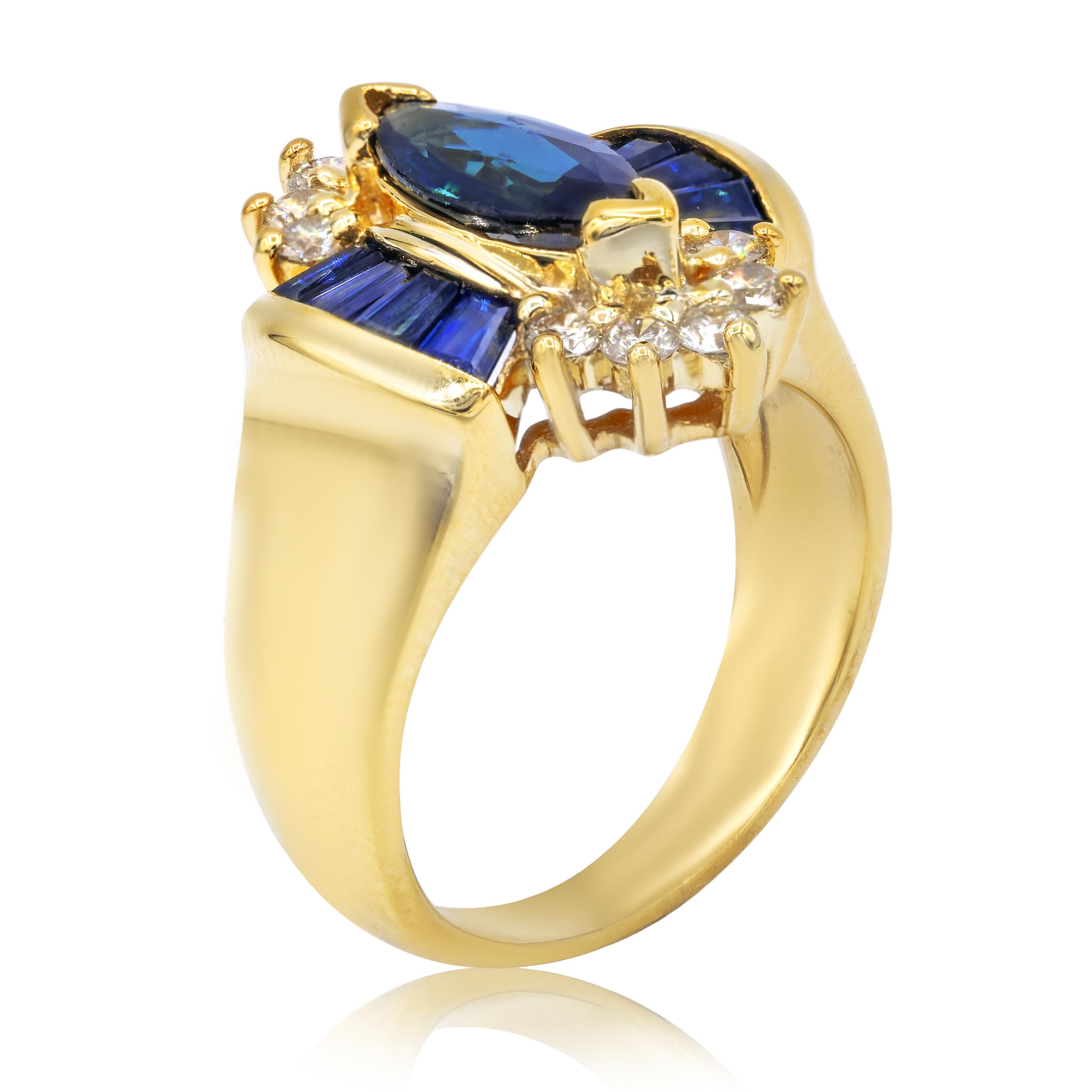 14KT yellow gold fashion ring with 2.00ct blue sapphire as a main stone and baguettes on the side and  round diamonds on the edges weighing 0.40cts of diamonds.
Size: 6
Can be resized to any finger size.

This product comes with a certificate
This