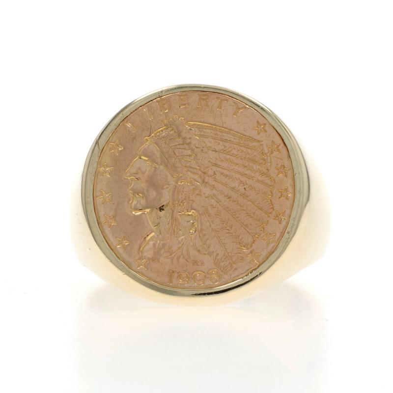 Taglia: 9 1/2
Costo della taglia: Up & Up 2 taglie per $80 o Down 1/2 taglia per $60

Design:  Moneta da $2,50 con il quarto di dollaro indiano

Contenuto del metallo: Oro giallo 14k

Stile: Dichiarazione
Tema: Valuta

Misure

Altezza della faccia