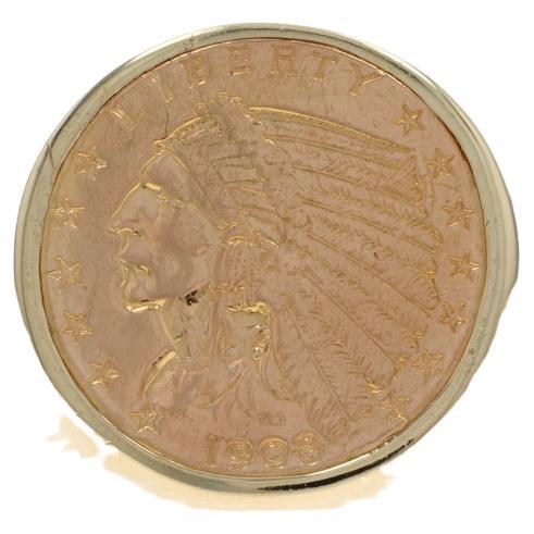 Anello da uomo in oro giallo con moneta da $2,50 Quarter Eagle - Dichiarazione di valuta a 14k