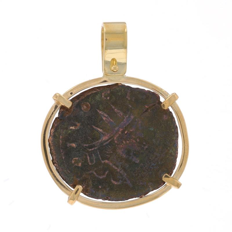 Metal Content: 18k Yellow Gold & Bronze
Metal Note: Gold Pendant (new) with Bronze Coin (ancient)

Style: Coin Pendant
Features: Antioch Mint

Measurements
Tall (from stationary bail): 31/32