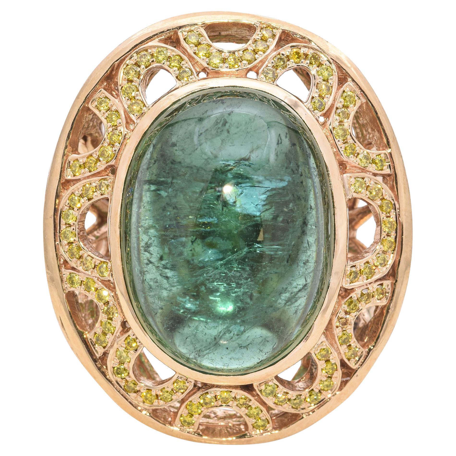 Yellow Gold 26ct Green Tourmaline Cabochon And Yellow Diamond Cocktail Ring