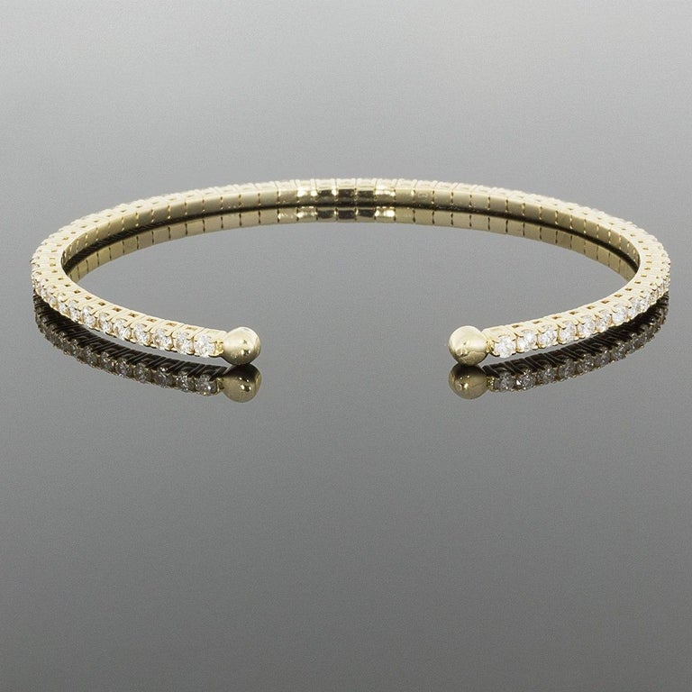 Yellow Gold 2.99 Carat Round Diamond Flexible Bangle Cuff Bracelet at