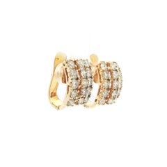 Yellow Gold 3 Row 3.25ctw Round Diamond Large Cuff Earrings w/ Tight Snap Backs