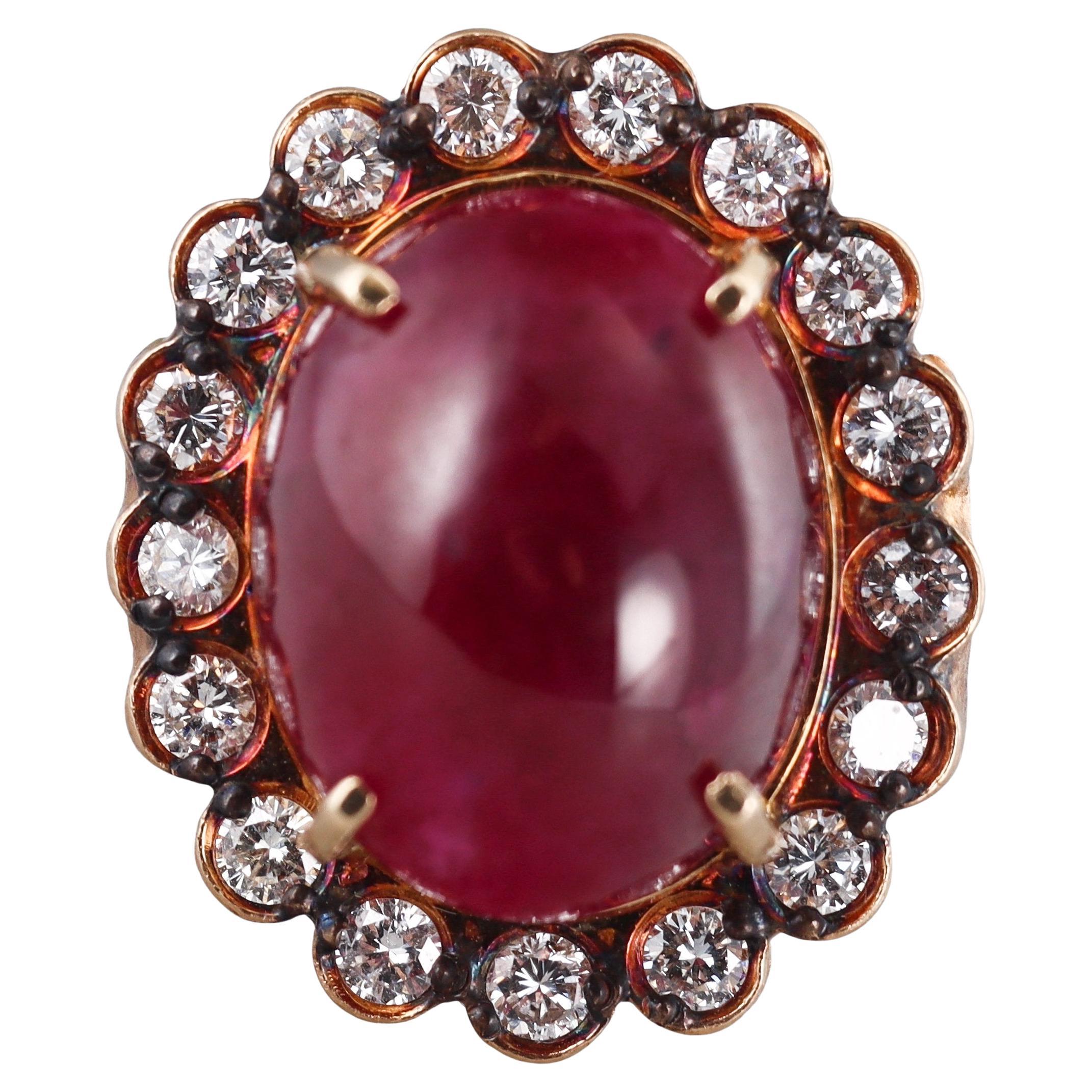 Yellow Gold 36 Carat Ruby Cabochon Diamond Cocktail Ring