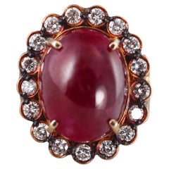Yellow Gold 36 Carat Ruby Cabochon Diamond Cocktail Ring