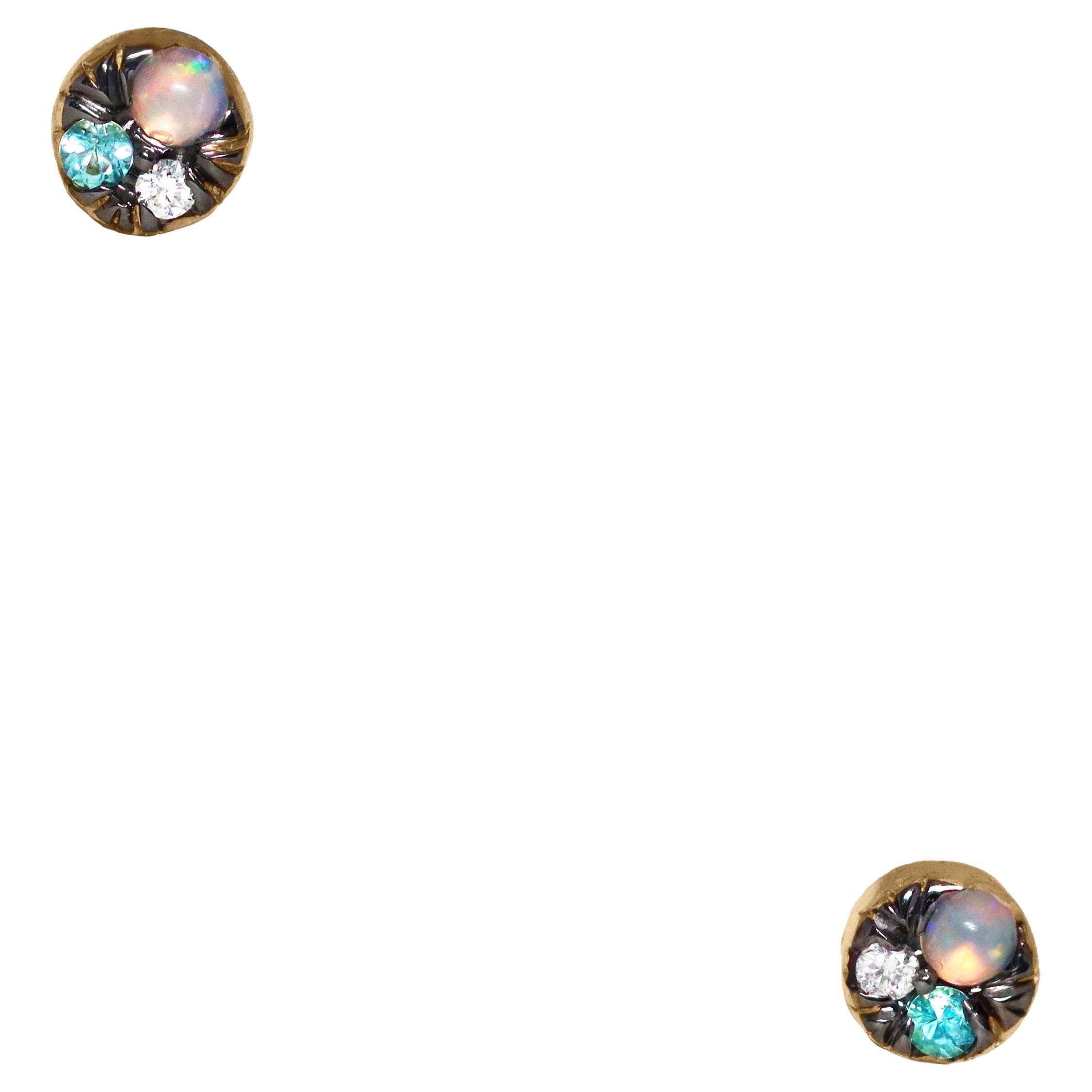 Boucles d'oreilles en or jaune 4 mm Tourmaline Paraiba Opale Diamant Mini Stack Side