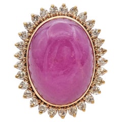 Yellow Gold 49.68ct Pink Sapphire Cabochon Diamond Halo Cocktail Ring