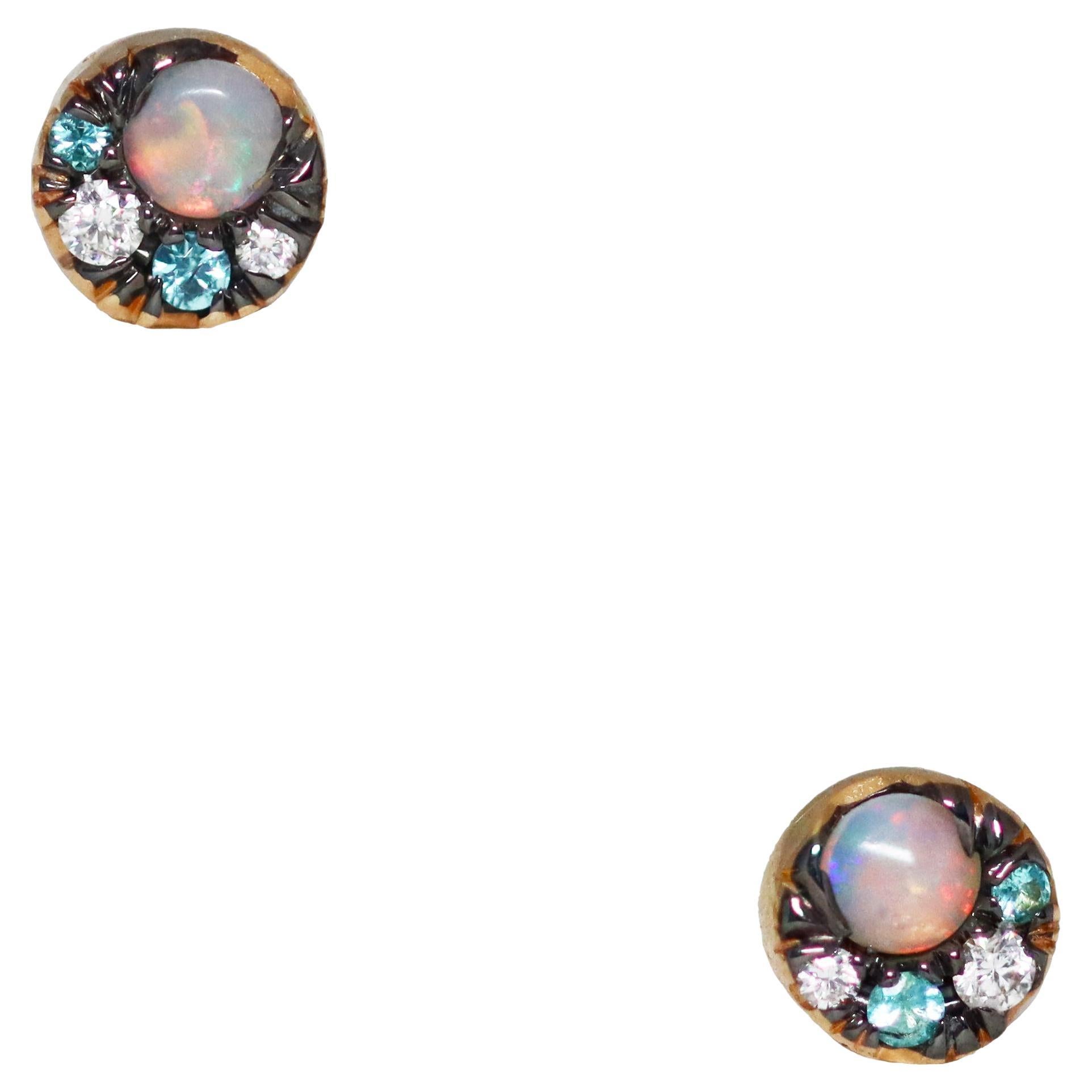 Or jaune Opale australienne 5 mm  Boucles d'oreilles Paraiba Tourmaline Diamant
