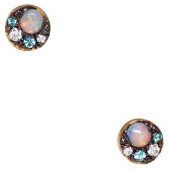 Yellow Gold 5 mm Australian Opal  Paraiba Tourmaline Diamond Stud Earrings