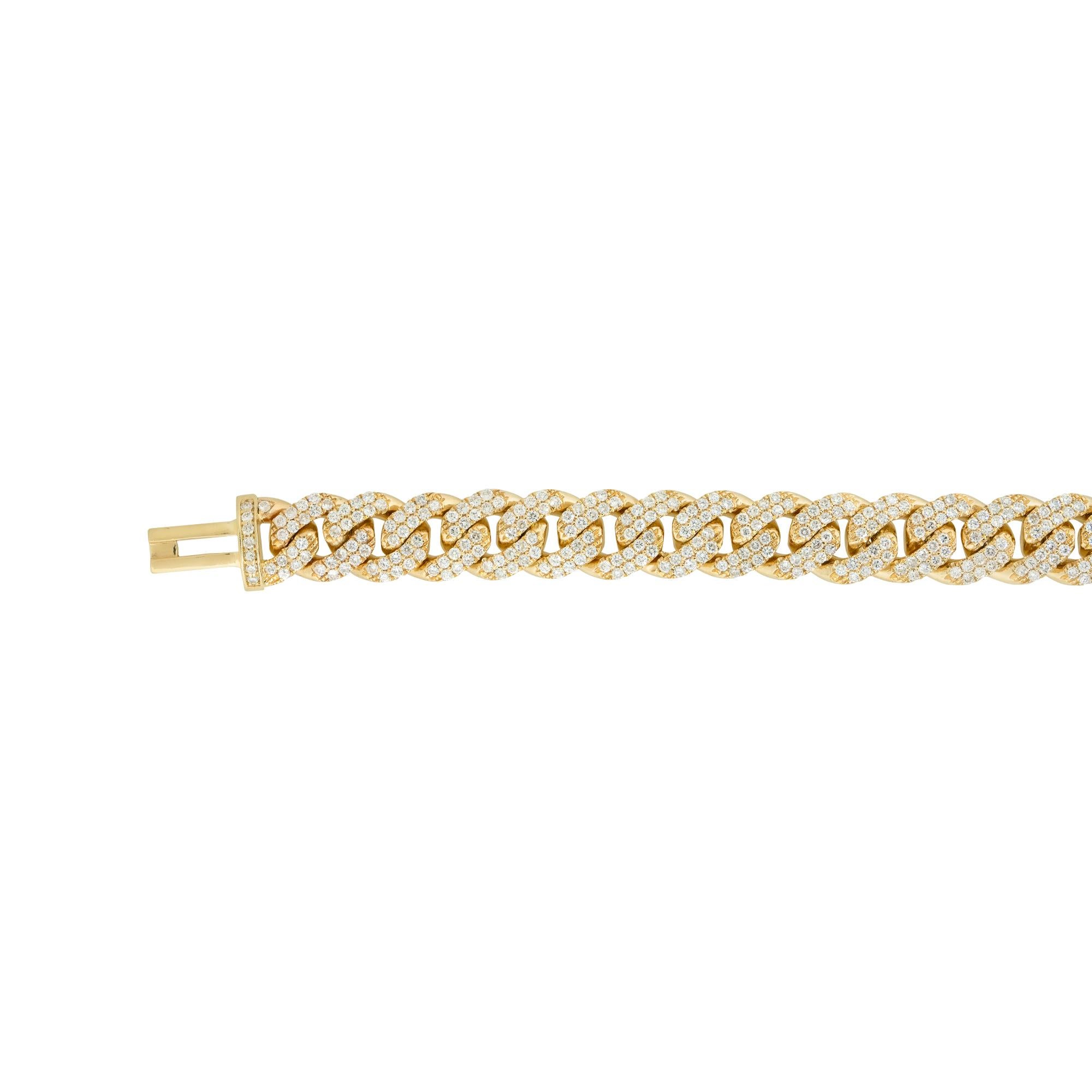 Yellow Gold 5.0ctw Pave Diamond Cuban 9.75mm Bracelet 14 Karat In Stock  In Excellent Condition In Boca Raton, FL
