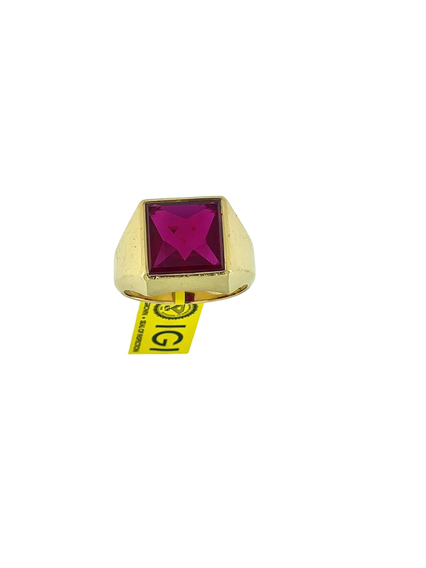 This Yellow Gold Lab-Grown Ruby Signet Ring is a stunning example of modern elegance and timeless design. Crafted in luxurious 18kt yellow gold, this ring features a magnificent 5.40 carat lab-grown ruby as its centerpiece. The ruby is IGI
