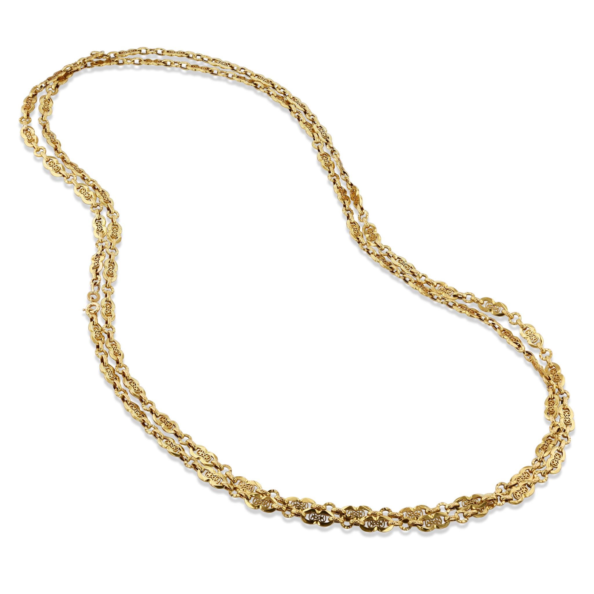 Yellow Gold 58 Inch Station Estate Necklace In Excellent Condition For Sale In Miami, FL