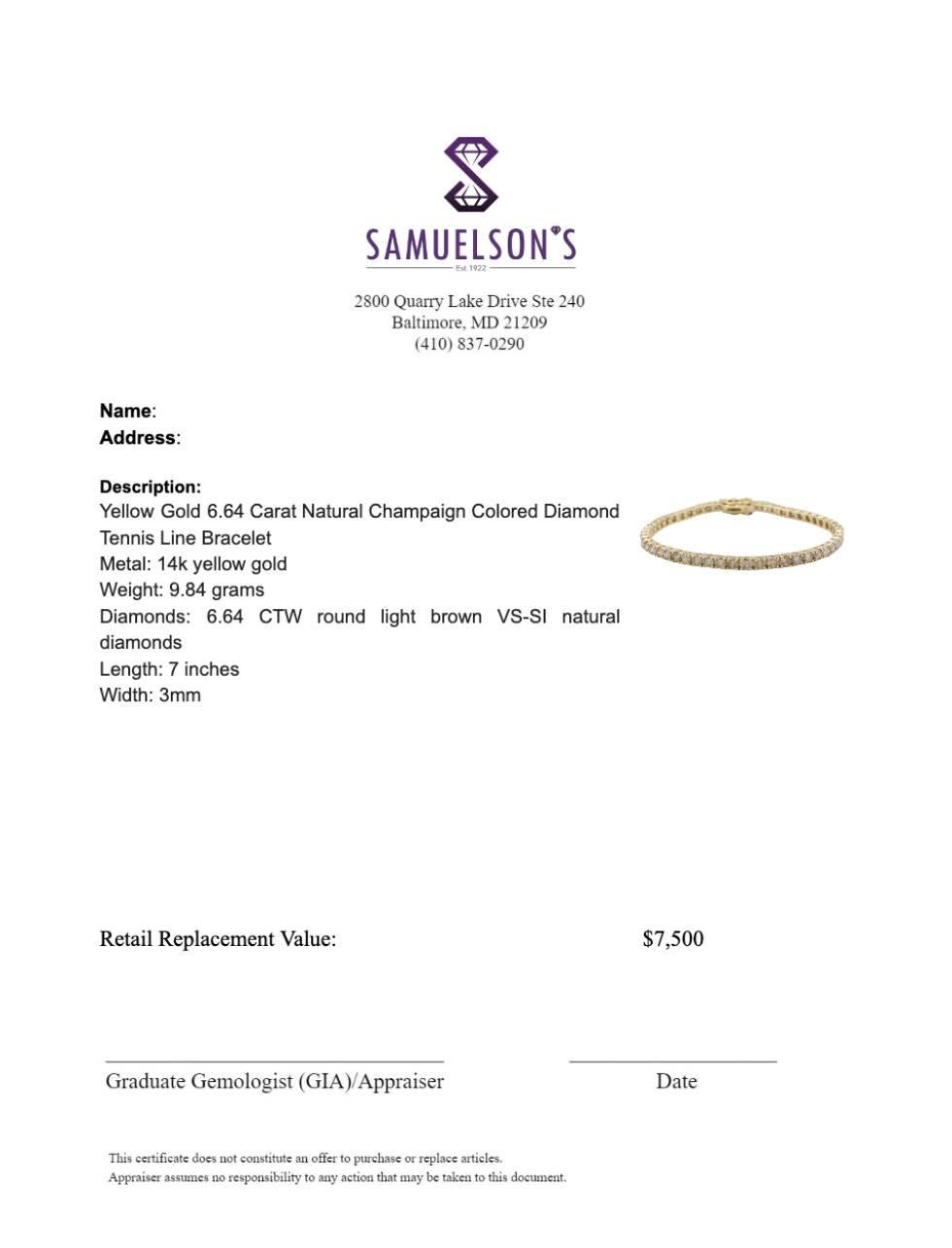 Gelbgold 6,64 Karat natürliche Champagner farbigen Diamanten Tennis Line-Armband (Rundschliff)