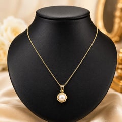 Yellow Gold 6.8mm Pearl Flower Pendant on 18" Fine Rope Link Chain Necklace