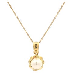 Yellow Gold 6.8mm Pearl Flower Pendant on 18" Fine Rope Link Chain Necklace