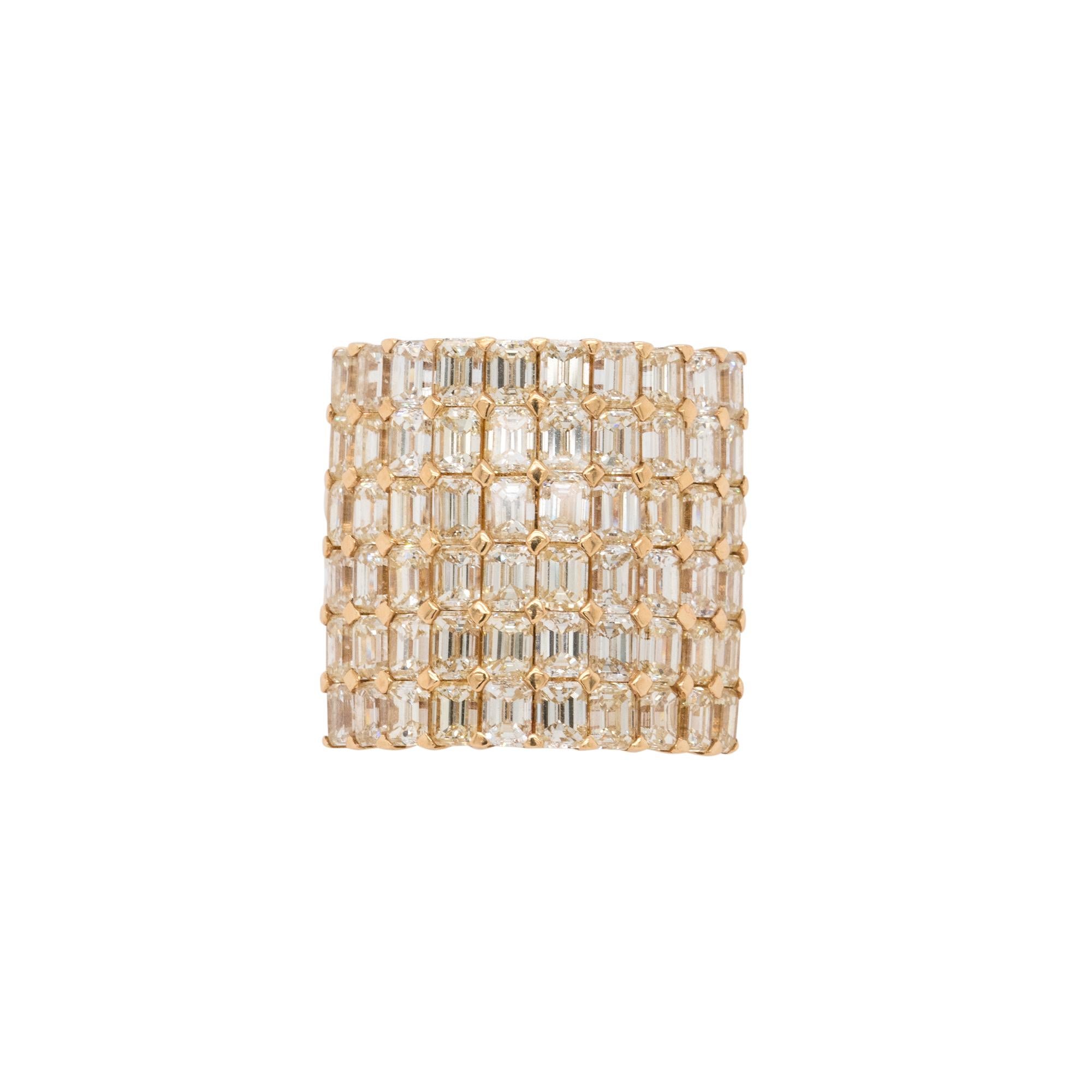 Material: 18k yellow gold
Diamond Details: Approximately 8ctw of emerald cut diamonds. Diamonds are G/H in color and VS in clarity.
Item Weight: 11.8g
Ring Size: 7
Additional Details: This item comes with a  presentation box!
SKU; R4845