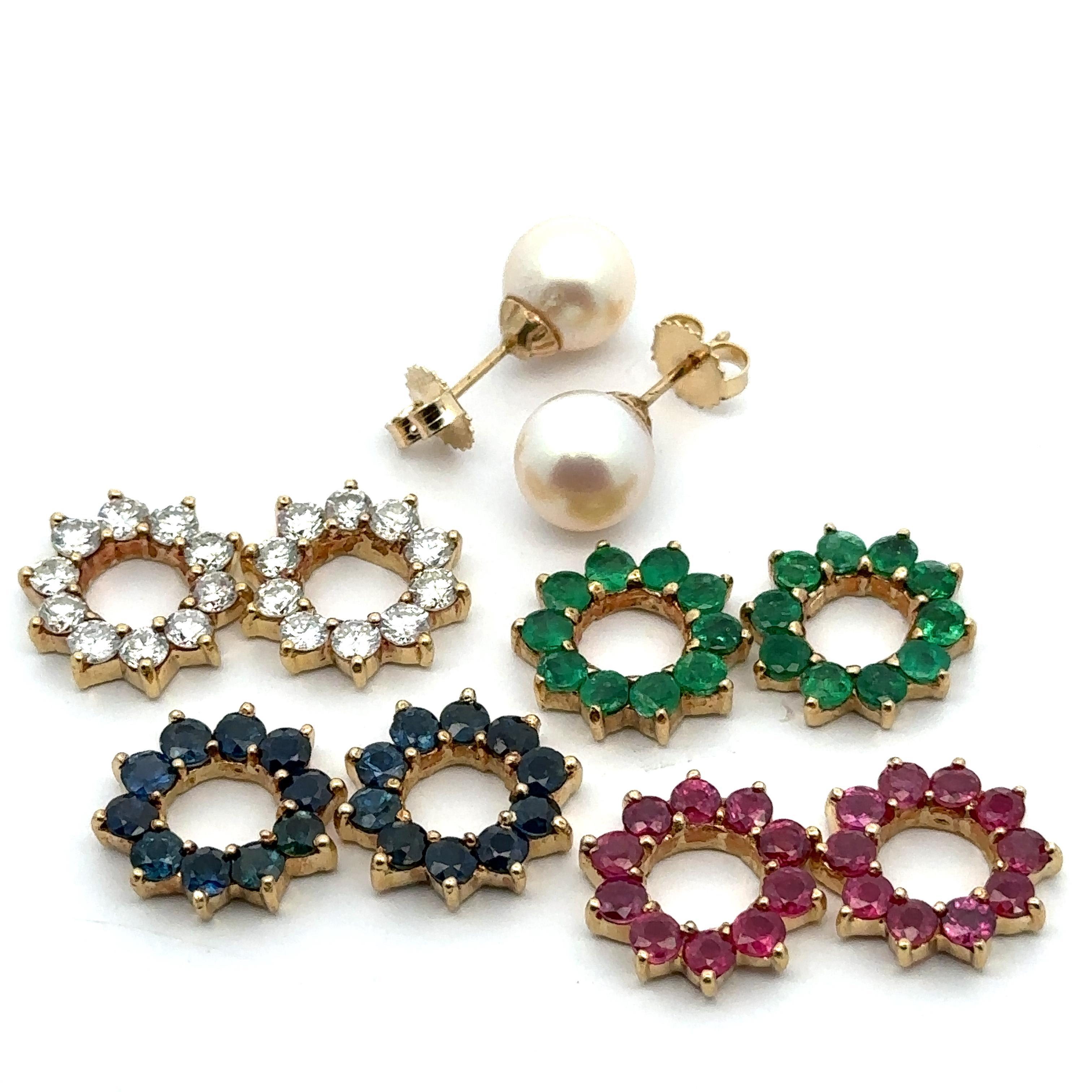 Yellow Gold 9.2mm Pearl Stud Earrings Ruby Emerald Sapphire Diamond Jackets For Sale 7