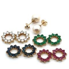 Yellow Gold 9.2mm Pearl Stud Earrings Ruby Emerald Sapphire Diamond Jackets