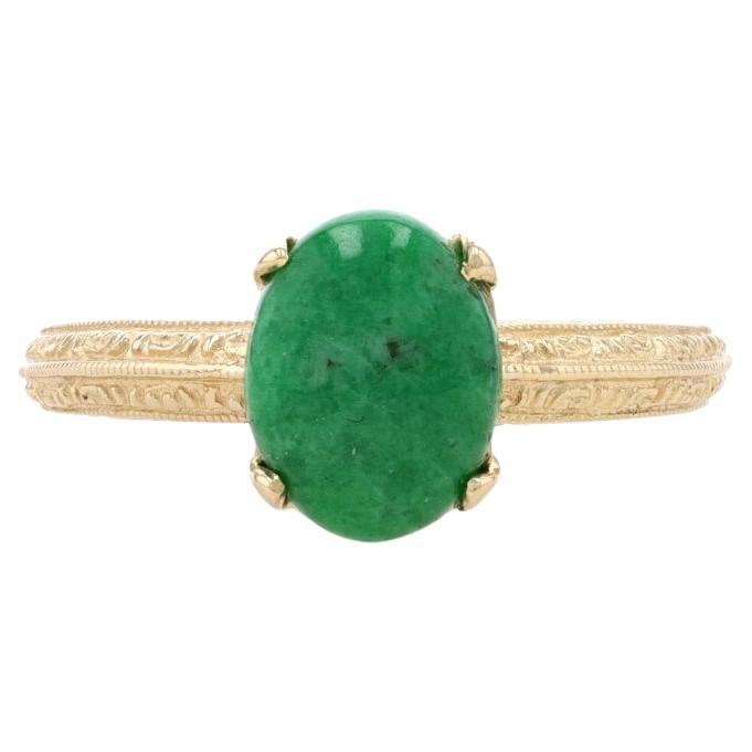 Yellow Gold "A" Jade Solitaire Ring 14k Oval 2.15ct Knife-Edge Etched Miligrain For Sale
