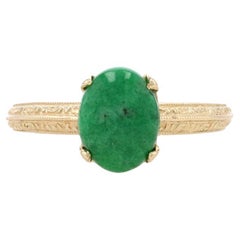 Yellow Gold "A" Jade Solitaire Ring 14k Oval 2.15ct Knife-Edge Etched Miligrain