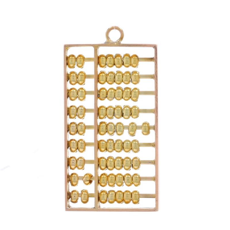 Metal Content: 14k Yellow Gold

Theme: Abacus, Counting Frame, Mathematics
Features: Beads move

Measurements

Tall (from stationary bail): 1 3/16