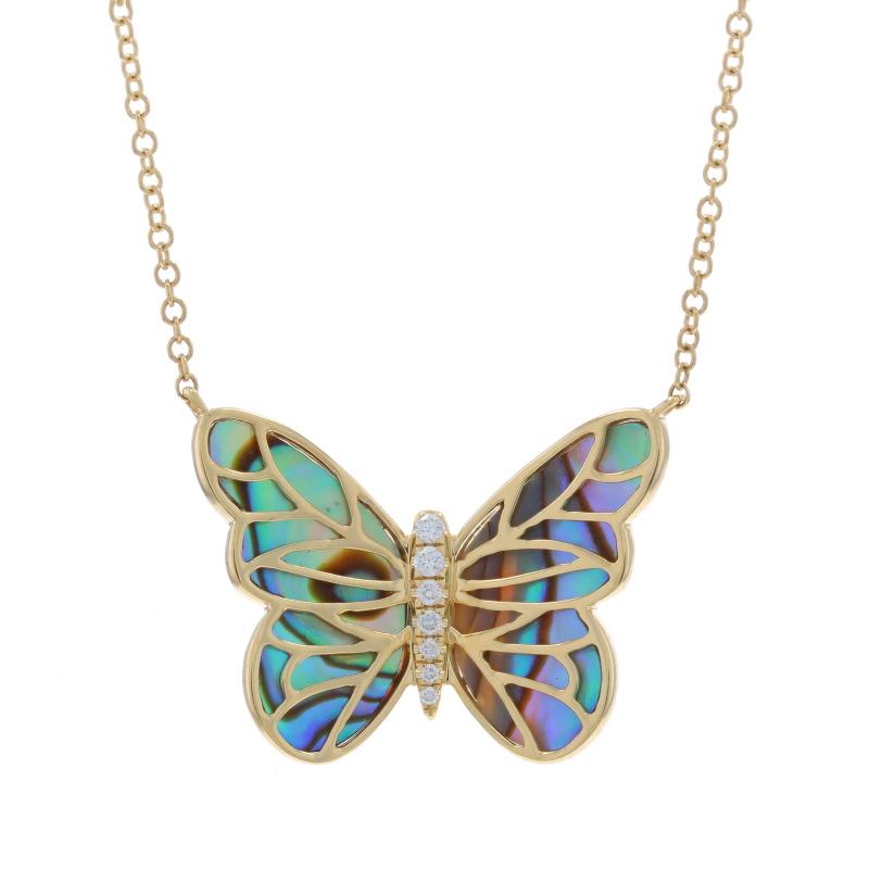 Metal Content: 14k Yellow Gold

Stone Information

Natural Abalone

Natural Diamonds
Carat(s): .05ctw
Cut: Round Brilliant
Color: G
Clarity: VS2 -SI1

Chain Style: Cable
Necklace Style: Chain
Fastening Type: Lobster Claw Clasp
Theme: