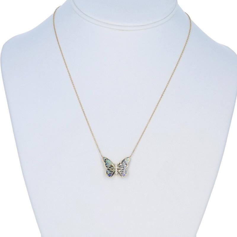 Yellow Gold Abalone Diamond Butterfly Pendant Necklace 14k Adjustable In New Condition For Sale In Greensboro, NC