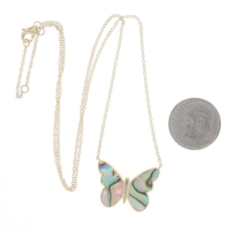Women's Yellow Gold Abalone Diamond Butterfly Pendant Necklace 14k Adjustable For Sale