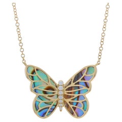 Yellow Gold Abalone Diamond Butterfly Pendant Necklace 14k Adjustable