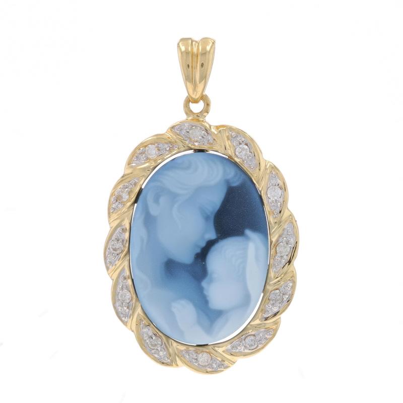 Metal Content: 14k Yellow Gold & 14k White Gold

Stone Information

Natural Agate
Cut: Cameo

Natural Diamonds
Carat(s): .12ctw
Cut: Round Brilliant
Color: I - J
Clarity: I1 - I2

Total Carats: .12ctw

Style: Halo
Theme: Mother &