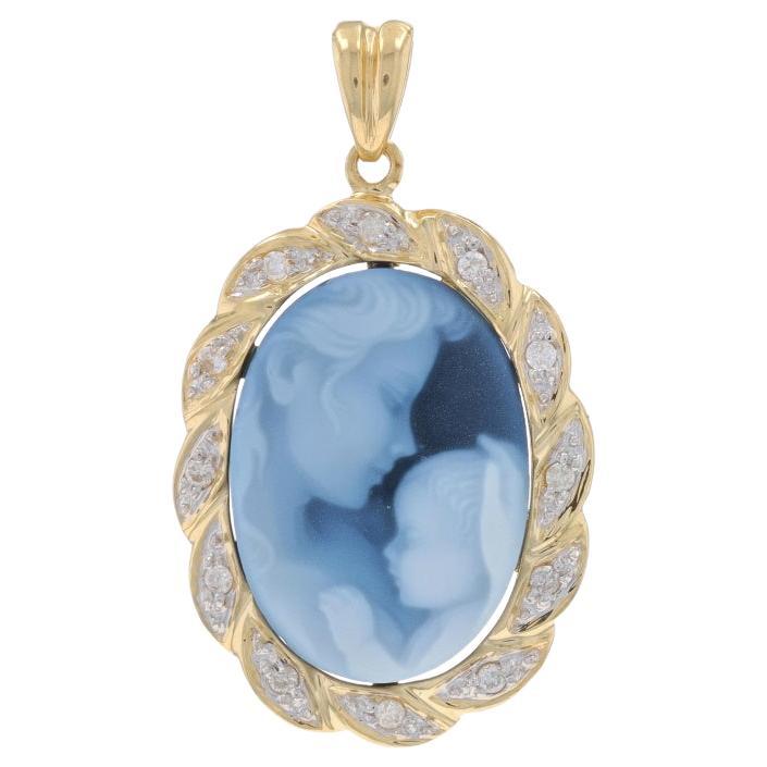 Yellow Gold Agate & Diamond Mother & Child Halo Pendant 14k Cameo .12ctw New Mom