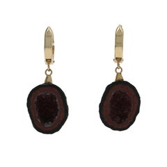 Yellow Gold Agate Geode Huggie Hoop Dangle Earrings - 14k Pierced