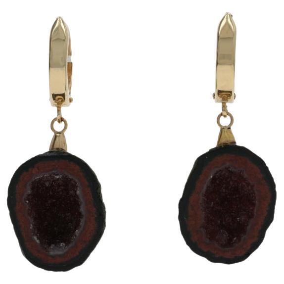 Yellow Gold Agate Geode Huggie Hoop Dangle Earrings - 14k Pierced