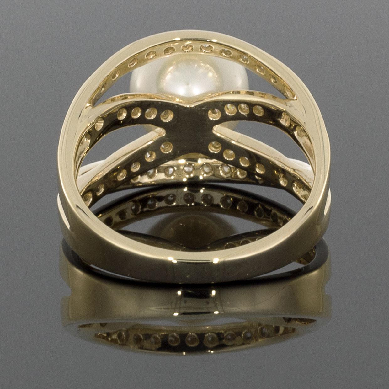 Round Cut Yellow Gold Akoya Pearl and .50 Carat Diamond Split Shank Ring