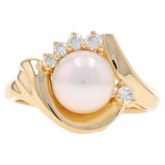 Yellow Gold Akoya Pearl & Diamond Bypass Ring - 14k .18ctw