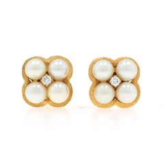 Yellow Gold Akoya Pearl Diamond Floral Cluster Stud Earrings -18k .10ctw Pierced