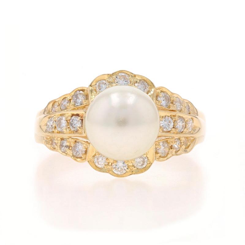 Size: 7
Sizing Fee: Up 2 sizes for $70 or Down 1 size for $50

Metal Content: 18k Yellow Gold

Stone Information
Akoya Pearl
Color: White
Size: 8.2mm

Natural Diamonds
Carat(s): .55ctw
Cut: Round Brilliant
Color: G - H
Clarity: SI2 - I1

Total