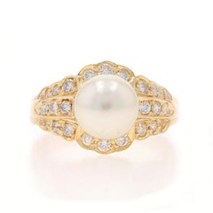 Yellow Gold Akoya Pearl & Diamond Ring - 18k Round Brilliant .55ctw