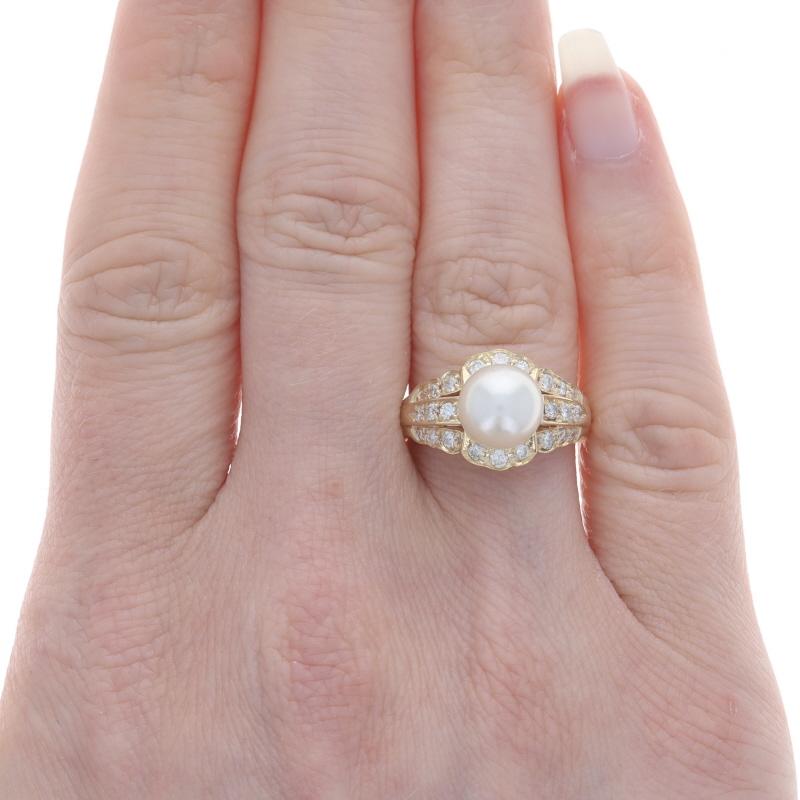 Round Cut Yellow Gold Akoya Pearl & Diamond Ring - 18k Round Brilliant .55ctw For Sale