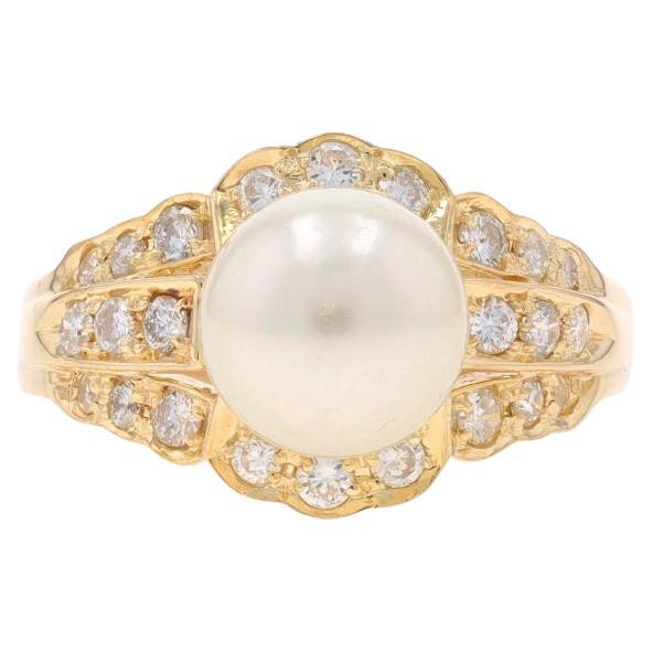 Yellow Gold Akoya Pearl & Diamond Ring - 18k Round Brilliant .55ctw