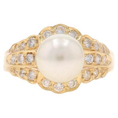 Yellow Gold Akoya Pearl & Diamond Ring - 18k Round Brilliant .55ctw