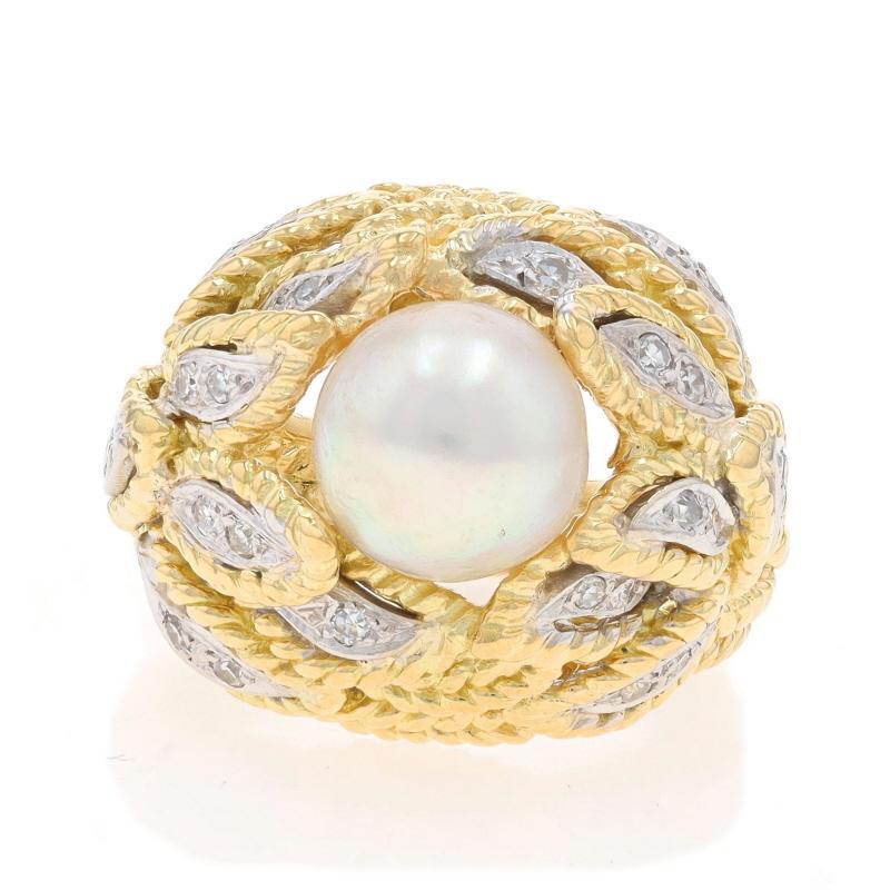 Size: 8 1/2
Sizing Fee: Up 2 sizes for $80 or Down 1 size for $60

Note: Resizing the ring will disrupt the shank's pattern. Please contact us for a quote on reengraving the shank's pattern.

Era: Vintage

Metal Content: 18k Yellow Gold & 18k White
