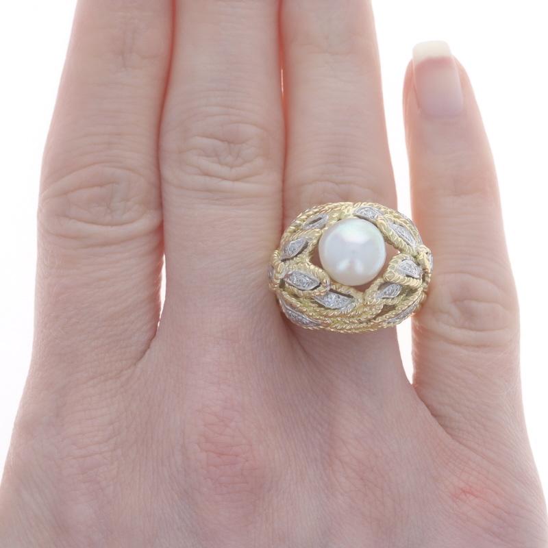 Bead Yellow Gold Akoya Pearl & Diamond Vintage Ring - 18k .24ctw Feathers For Sale