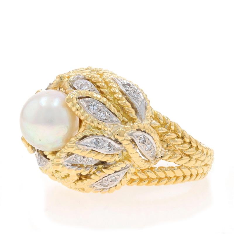 Yellow Gold Akoya Pearl & Diamond Vintage Ring - 18k .24ctw Feathers In Excellent Condition For Sale In Greensboro, NC