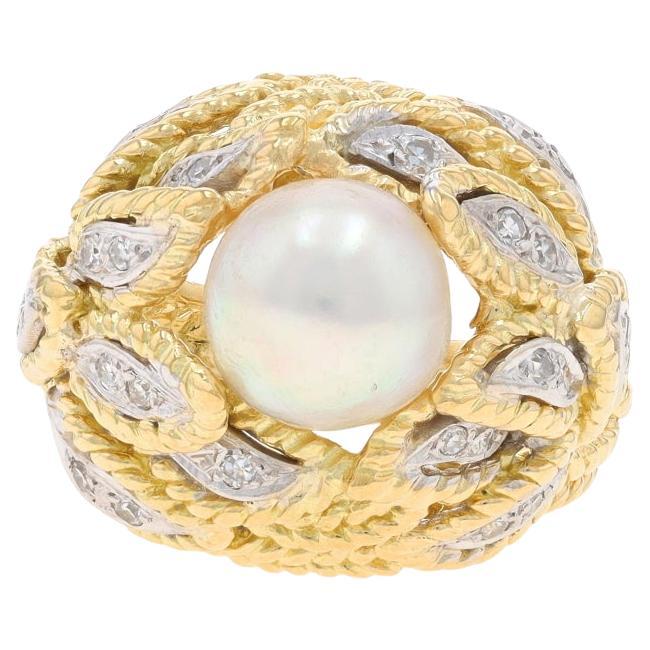 Yellow Gold Akoya Pearl & Diamond Vintage Ring - 18k .24ctw Feathers For Sale
