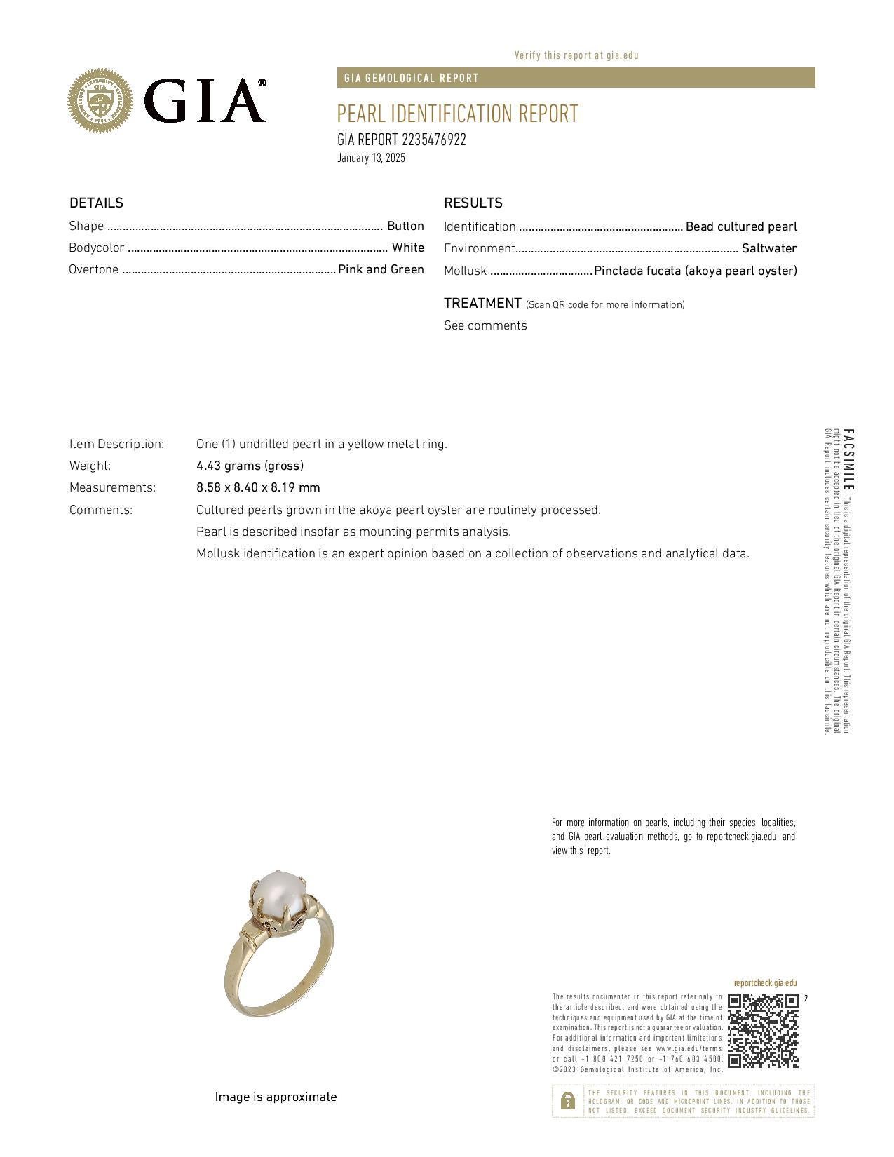 Bague solitaire édouardienne en or jaune avec perle d'Akoya - 14k GIA Antique en vente 1